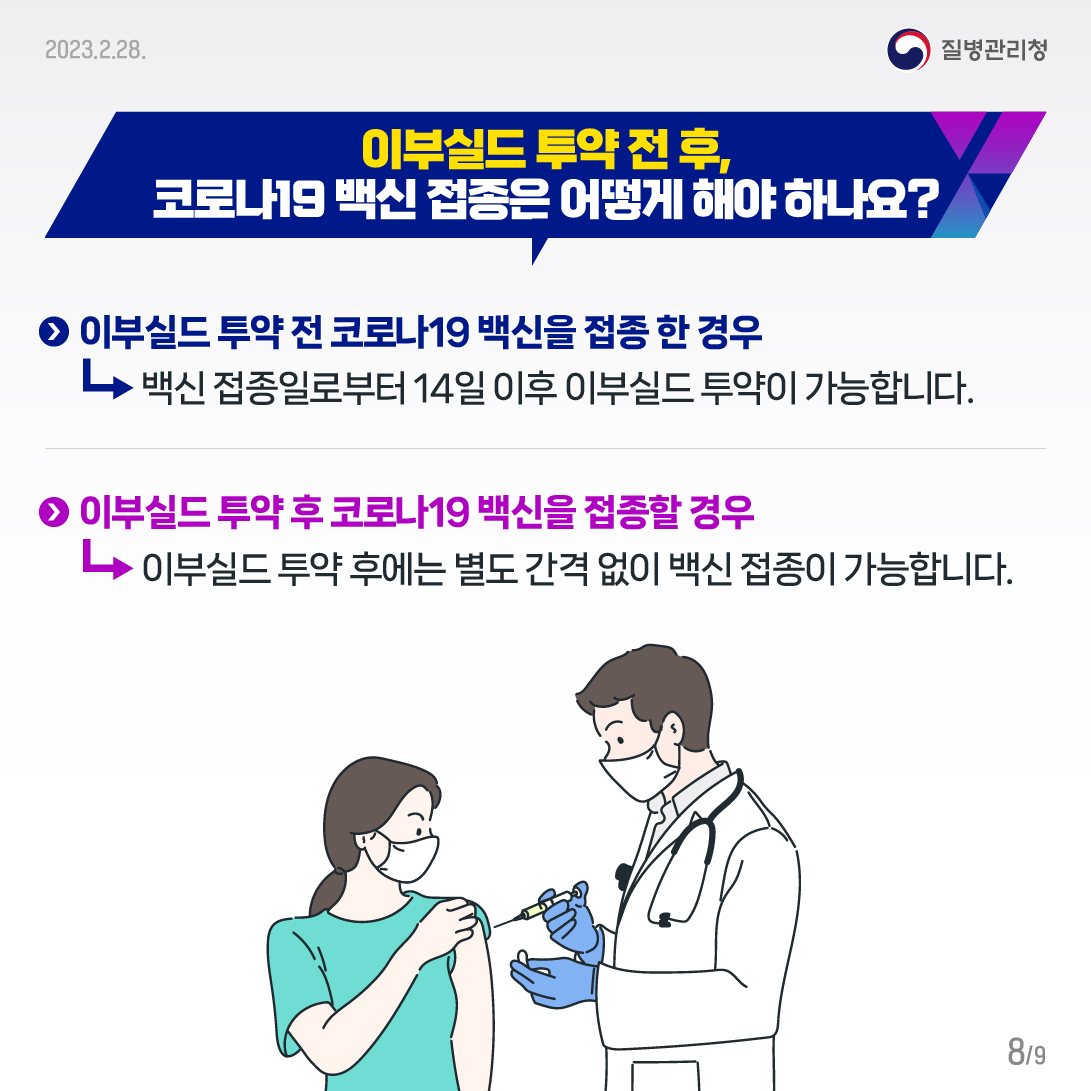 이부실드 투약 전 후, 코로나19 백신 접종은 어떻게 해야 하나요? 이부실드 투약 전 코로나19 백신을 접종 한 경우 -> 백신 접종일로부터 14일 이후 이부실드 투약이 가능합니다. 이부실드 투약 후 코로나19 백신을 접종할 경우 -> 이부실드 투약 후에는 별도 간격 없이 백신 접종이 가능합니다.